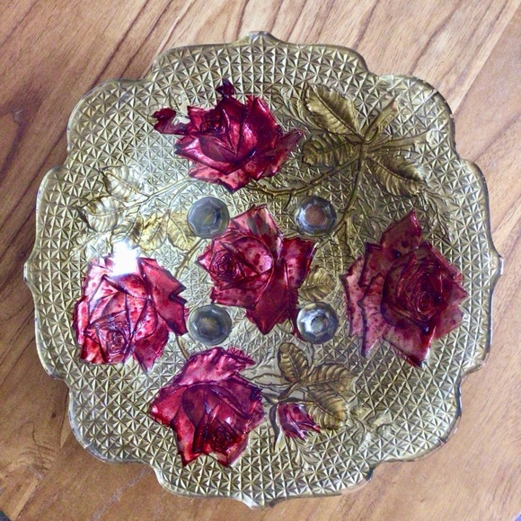 Vintage Goofus Glass Reverse Painted Gold with Red Roses Footed Glass Bowl - Picture 4 of 7